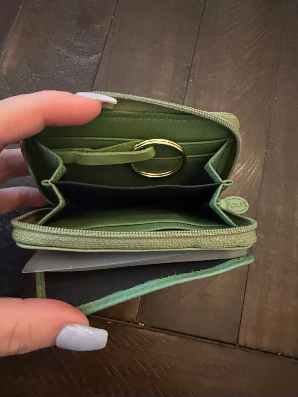 Rolfs Lazy Susan Kermit the frog Green Leather Zip Wallet with Gold Accent